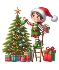 Charming elf decorates a glowing christmas tree with ornaments and presents, embodying holiday cheer and festive spirit. isolated on transparent background