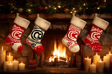 Christmas Fireplace Scene with Hanging Stockings and Warm Candlelight
