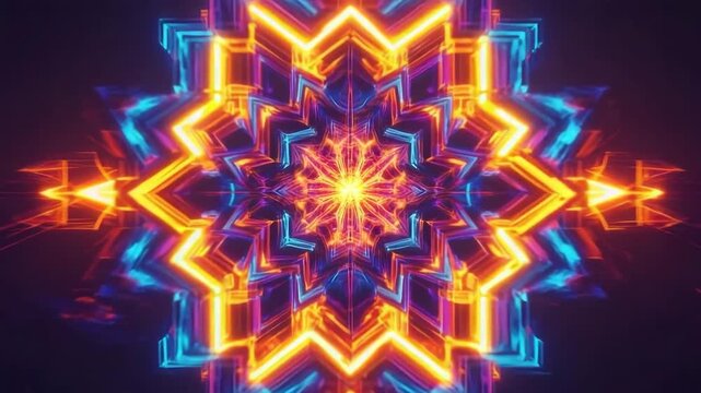 Glowing symmetrical mandala design featuring neon geometric figures in vibrant colors and intricate patterns