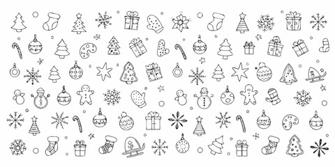 Fototapeta premium Christmas doodle pattern with hand drawn festive elements on white background