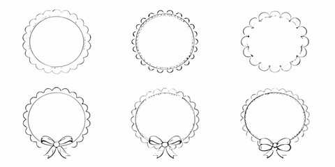 Set of six round frames with scalloped edges and bows