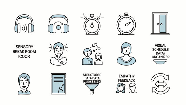 A collection of line art icons representing concepts like sensory processing, time management, empathy, and visual organization, all rendered in a clean, modern style.