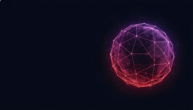 Abstract digital sphere with connected dots and lines, glowing with red and purple light against a dark background.