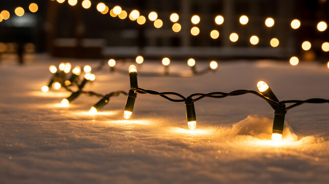 Outdoor Christmas lights illuminating snow-covered ground with bokeh effect string lights winter
