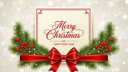Merry christmas greeting card with festive pine branches and red bow