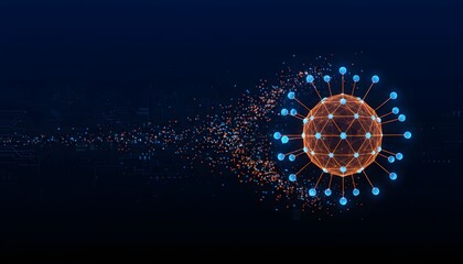Abstract visualization of a virus particle with glowing blue spikes, breaking apart into digital particles against a dark blue background.