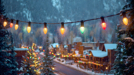 Snowy Village at Night with Christmas Lights and Festive Atmosphere
