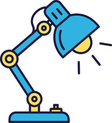 A bright blue and yellow adjustable desk lamp illuminates with radiating lines on a white background