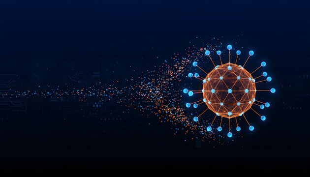 Abstract visualization of a virus particle with glowing blue spikes, breaking apart into digital particles against a dark blue background.