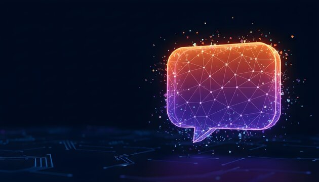Digital glowing wireframe speech bubble icon representing communication and technology.