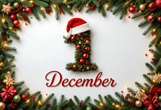 December 1st: A joyful image marking the first day of the month, styled with a Christmas tree pattern, festive ornaments, and a Santa hat.
