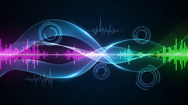 Futuristic digital sound equalizer visualization with vibrant colorful audio wave patterns and abstract glowing energy lines on a dark background