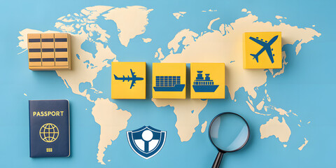 Global logistics and travel icons on world map airplane
