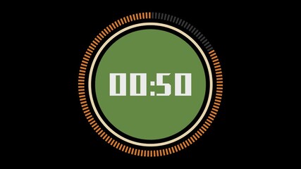 One minute animated timer video with a orange progress circle, and green base. a countdown in the center