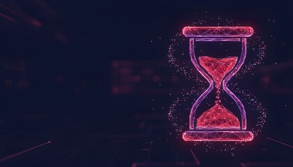 Digital hourglass glowing with red and purple particles on a dark, abstract background, symbolizing time and technology.