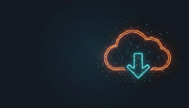 A glowing digital cloud icon with a downward arrow, symbolizing data download or cloud storage.