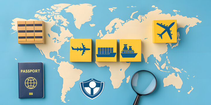 Global logistics and travel icons on world map airplane