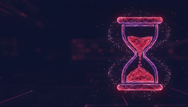 Digital hourglass glowing with red and purple particles on a dark, abstract background, symbolizing time and technology.