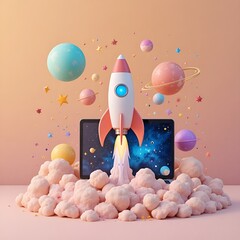 Rocket coming out of laptop screen, purple background. Innovation and startup concept.  
