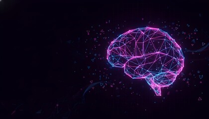 Digital brain with neon lines on a dark background.