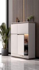 Modern interior showcasing a stylish cabinet with open storage, plants, and elegant decor in a bright room