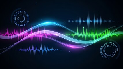 Luminous and colorful sound wave visualization, showcasing a digital audio spectrum on a futuristic technological background