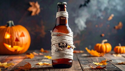 A mummy-wrapped beer bottle sits amid fog, glowing jack-o'-lanterns, and bats in a spooky Halloween setup.
