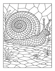 Obraz premium Monochrome snail drawing with mosaic shell and ground elements for coloring