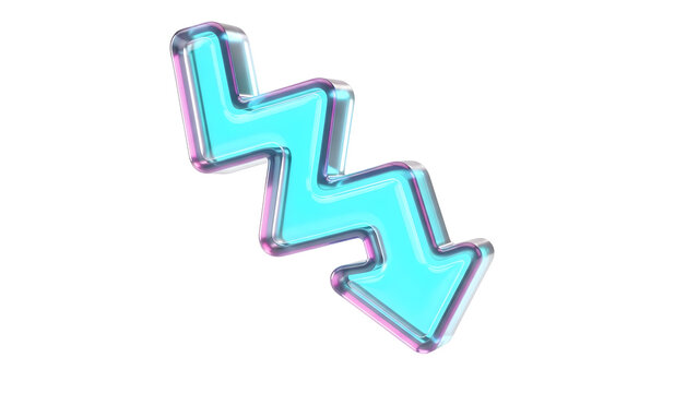 glossy cyan zigzag arrow pointing down and to the right &mdash; suitable for declining trends, downtrends, volatility, decrease indicators, negative movement, or warning graph symbols.

