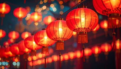 Glowing red Chinese lanterns hang in rows, casting warm light in a festive nighttime celebration.