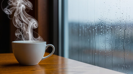 Steaming cup of coffee on wooden table beside rain-covered window  