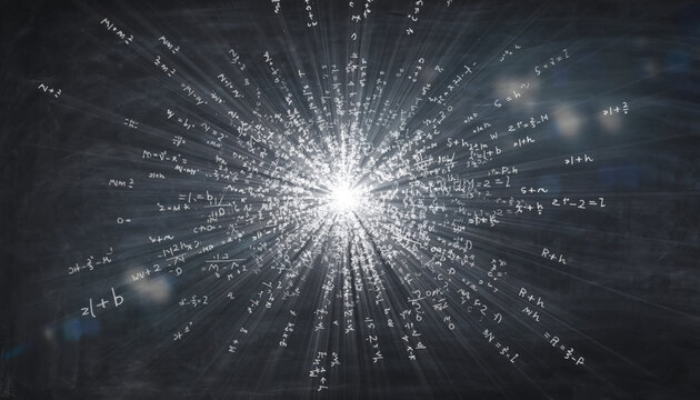 Abstract math and science equation background shows chaotic burst of light. Particles in motion radiate from central point, representing complex knowledge and physics formulas