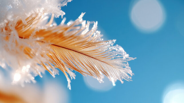 A captivating macro view of a feather adorned with sparkling elements, emphasizing its delicate beauty and evoking thoughts of purity, lightness, and the essence of nature's wonders.