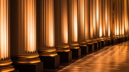 Fototapeta premium Elegant golden-lit columns in a grand hall, showcasing architectural beauty and rich textures