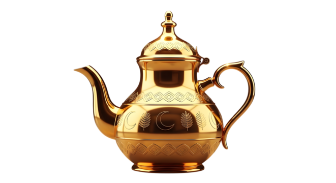 Shiny gold ornate moroccan teapot on white isolated on transparent background