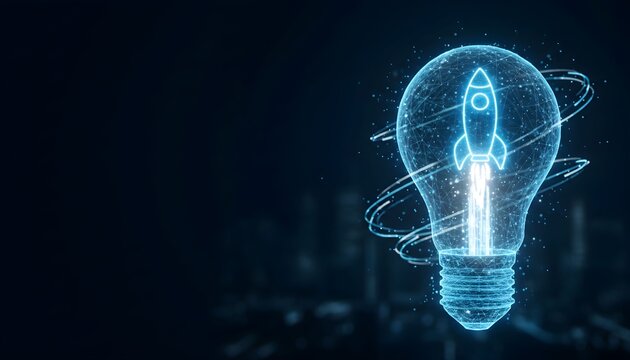 Glowing rocket launching from a digital lightbulb symbolizing innovation and startup success.