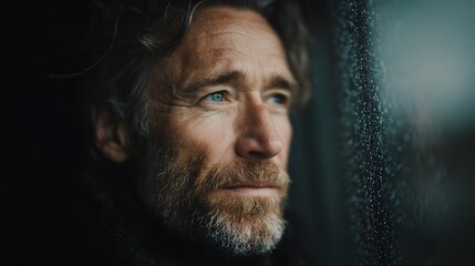 Thoughtful middle-aged man with a beard looking out the window on a rainy day, contemplating life and emotions in a candid portrait
