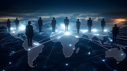 Global network of silhouetted figures on a digital world map