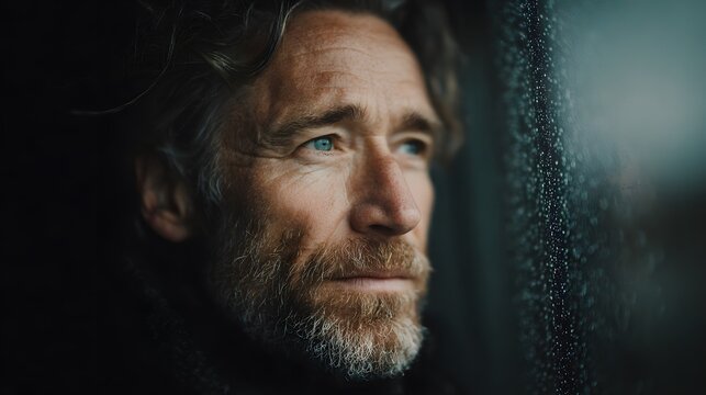 Thoughtful middle-aged man with a beard looking out the window on a rainy day, contemplating life and emotions in a candid portrait - Powered by Adobe