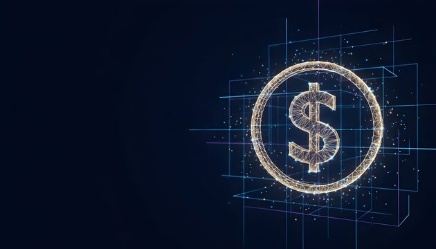 Glowing digital dollar sign coin on a futuristic grid background representing fintech and cryptocurrency.
