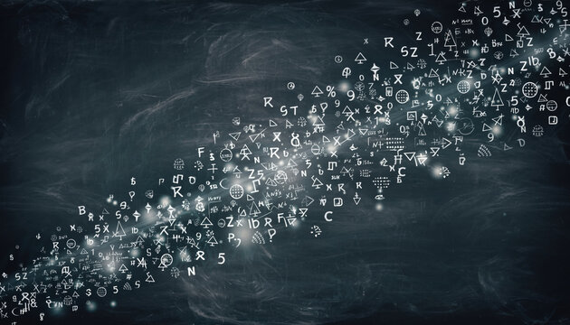 Chaotic constellation of chalk math symbols showing random harmony and chaos on dark blackboard background. Abstract concept for science, data, and education technology