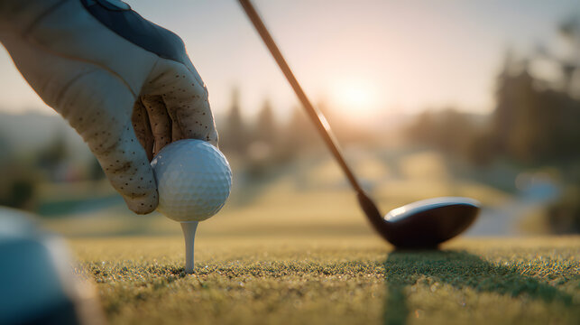 Golfer Placing Ball on Tee at Sunrise on Golf Course
