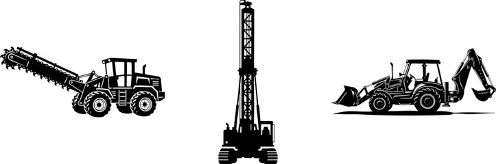 Fototapeta premium Heavy Construction Equipment Silhouettes: Machinery Vector Set