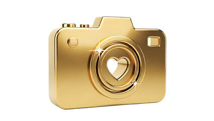 polished gold camera with a heart-shaped aperture — ideal for favorite photos, photo-likes, romantic photography, premium photo services, social media photography badges, or photography awards.