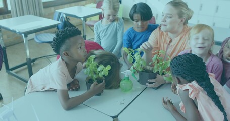 Inspecting teacher in peach blouse guiding kids at class desks, with potted plants and spray bottle
