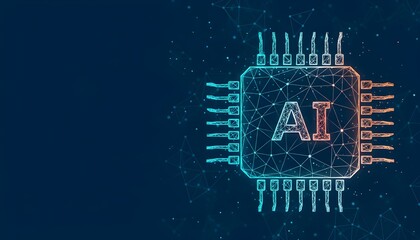 Futuristic artificial intelligence concept showing a glowing AI processor chip on a digital network background.