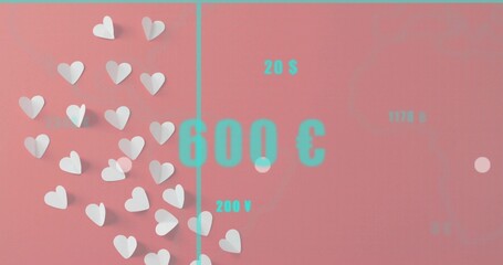 Showing white paper heart cluster on pastel pink with vertical cyan line and turquoise 600 &euro;