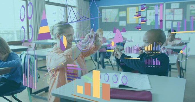 Interacting students in long-sleeves viewing floating charts at school, purple pencil case on desk - Powered by Adobe