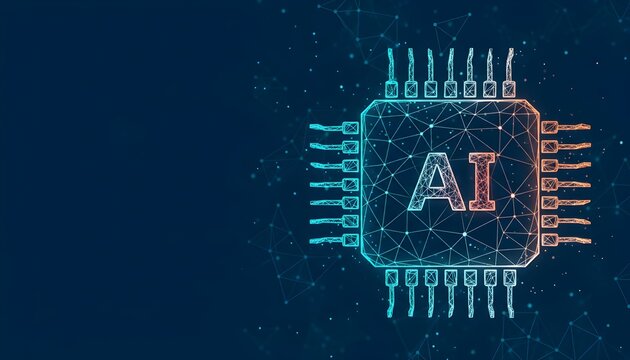 Futuristic artificial intelligence concept showing a glowing AI processor chip on a digital network background.