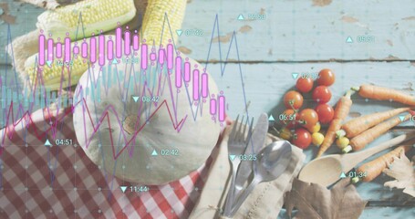 Sitting pale green melon on turquoise tabletop with corn, tomatoes, carrots, cutlery, data overlays © vectorfusionart